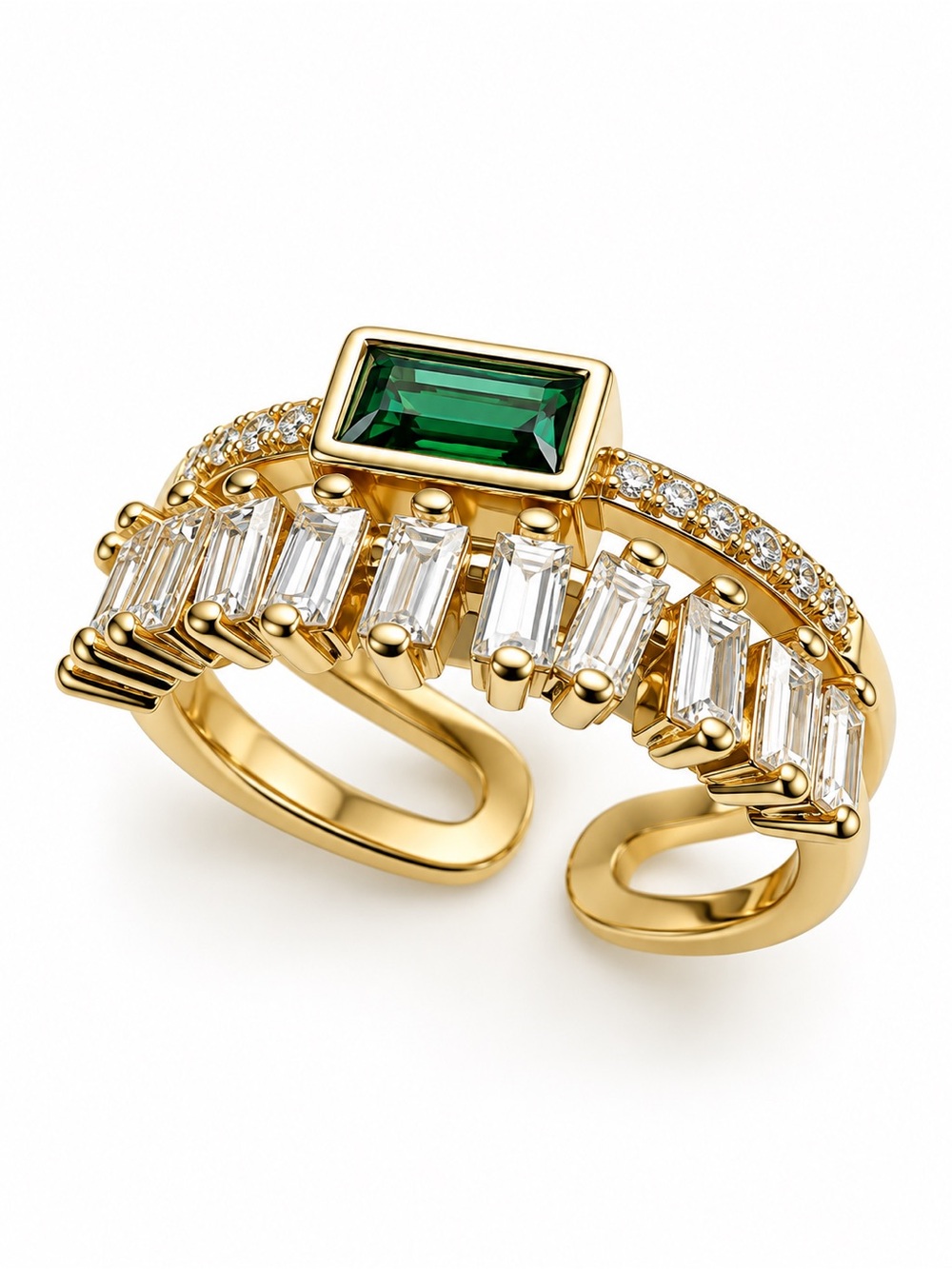 Gold Plated Open Band Ring with Emerald-Color Stone and Clear Crystal Accents